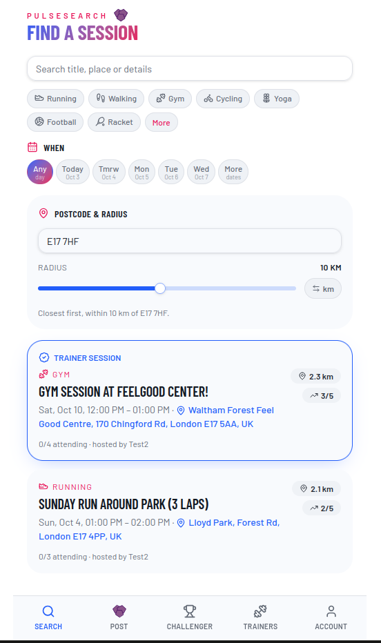 PulseSearch app: Find a session screen with sport filters, postcode and radius search, and nearby event cards