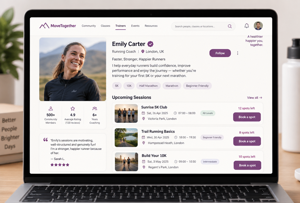 A verified trainer profile on PulseSearch with an upcoming sessions list